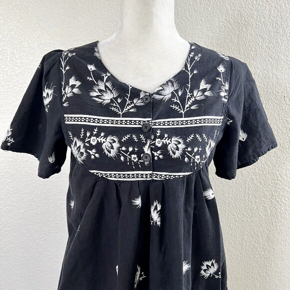 Vintage Loungees Small Black White Floral Mumu House Sleep Dress Kaftan Pockets - Picture 2 of 11